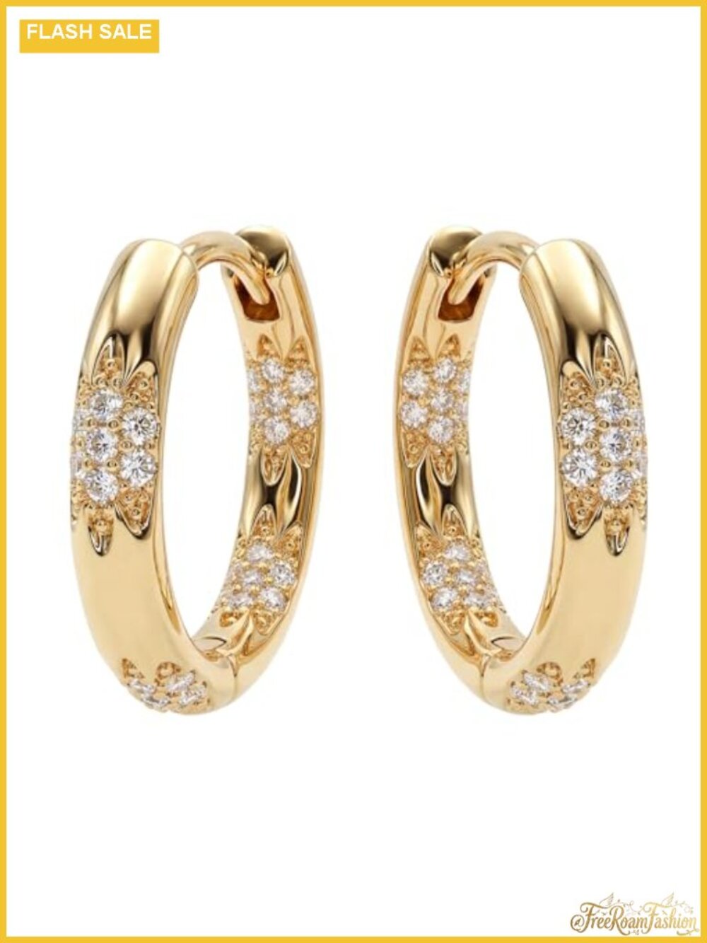 Floral Huggie Hoop Earrings for Women, Cubic Zirconia, 18K Gold Plated